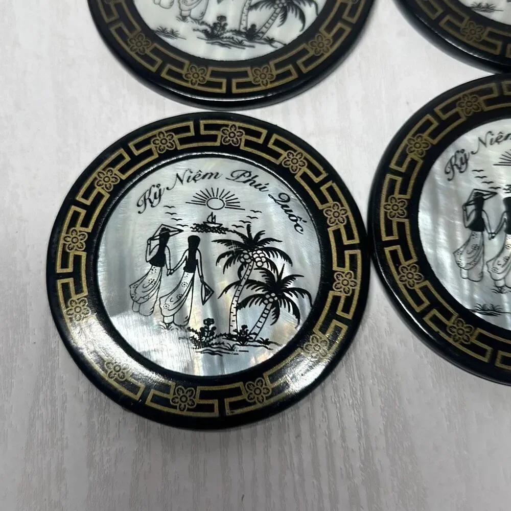 Vietnam Asian Art Set Of 6 Vietnamese Coasters Mother Of‎ Pearl Inset Vintage